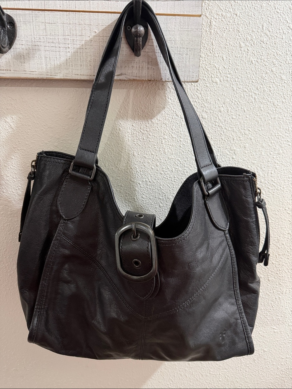 Frye Black Leather Shoulder Bag with Buckle Detail